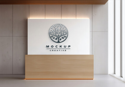Logo On Wooden Reception Desk Company Wall Mockup