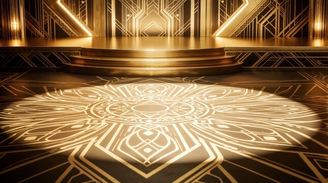 Empty golden art deco stage with spotlight illumination. Luxurious theater interior features geometric patterns on floor, walls. Elegant venue for gala ceremony, award show, grand musical
