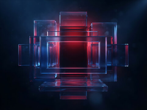 Abstract glowing glass rectangles with red and blue lights