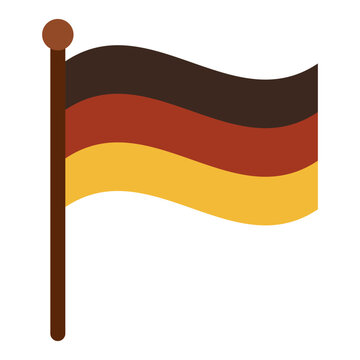 A stylized illustration of the German national flag waving on a wooden flagpole.