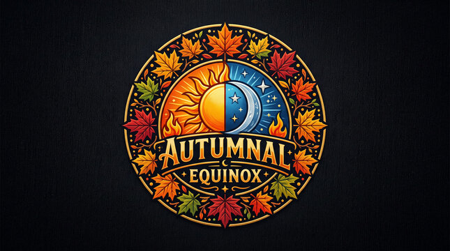 Autumnal equinox emblem with sun, moon, and colorful fall leaves.