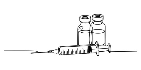 Medical syringe and vaccine glass vials in a continuous line art drawing style © GOBINDO