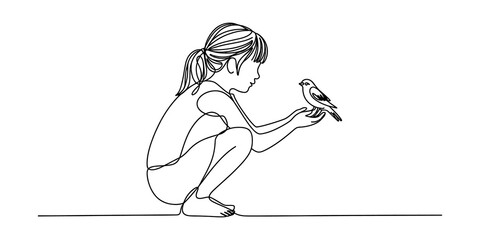 Little girl holding a small bird in her hands continuous line drawing © GOBINDO