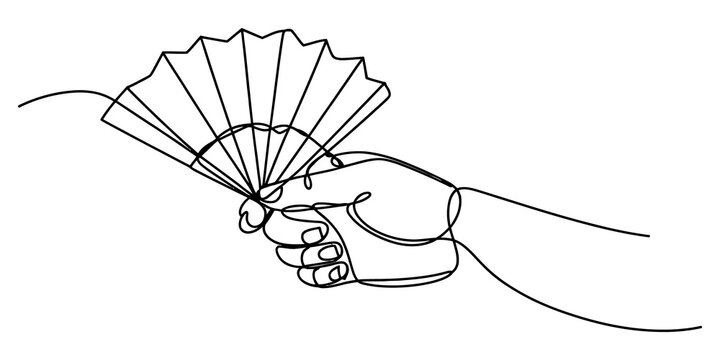 Continuous line drawing of a hand holding a traditional folding fan