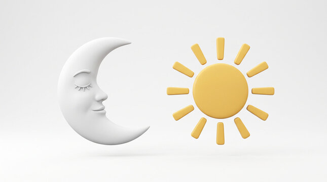 3D rendered crescent moon face and yellow sun symbols.