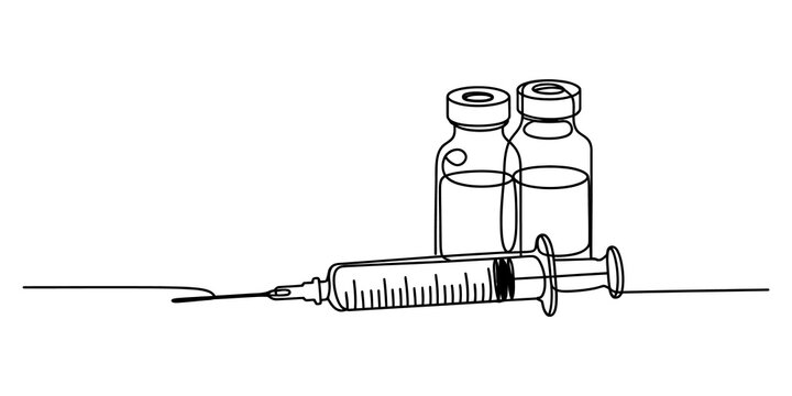 Medical syringe and vaccine glass vials in a continuous line art drawing style