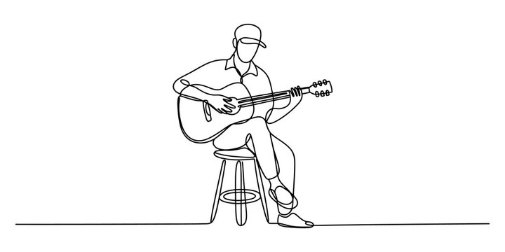 Continuous line drawing of a man sitting on a stool playing acoustic guitar