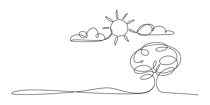 Continuous line drawing of a tree with sun and clouds in a simple style
