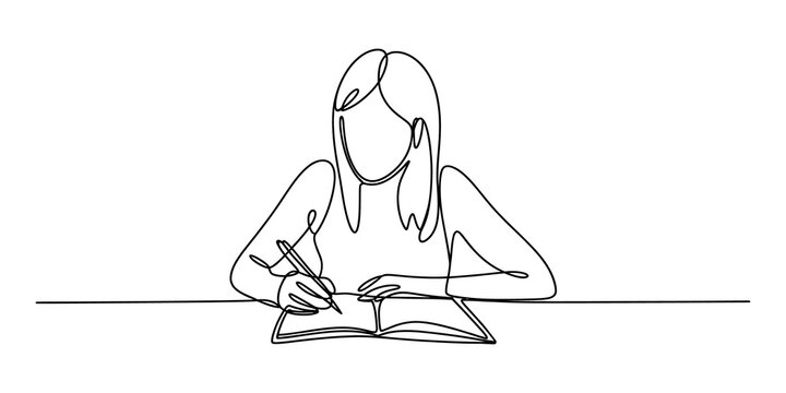 Woman writing in a notebook continuous line drawing