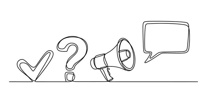 Continuous line drawing of check mark question mark megaphone and speech bubble