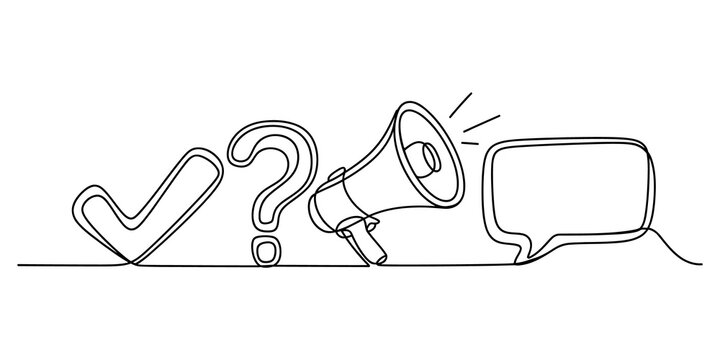 Continuous line drawing of check mark question mark megaphone and speech bubble
