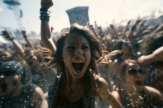 people of ai, party ecstatic fans in crowded outdoor concert mosh pit, soft background, black wristband and a wide-open mouth, photorealistic