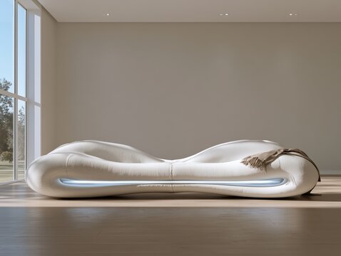 Futuristic white boucle sofa in spacious minimalist sunlit interior