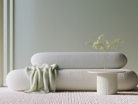 White boucle sofa with green throw and sculptural side table in minimalist interior