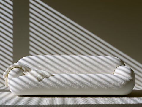 White sculptural boucle sofa with striped sunlight shadows in minimalist interior