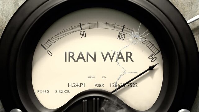 Iran war meter showing big levels of iran war. Dangerously increasing high values of iran war, critical overload. Too much, off the charts. Max iran war