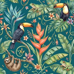 Tropical seamless pattern with toucan birds and sloths, exotic jungle wildlife and botanical flowers on dark teal background, vibrant rainforest animal wallpaper for textile design. © Naveed