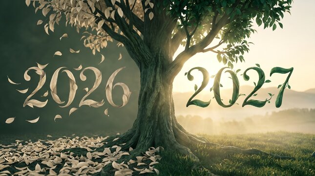 A large tree stands in a field representing the transition from 2026 to 2027 with the left side showing autumn leaves and the right side showing lush green leaves under a warm morning sun glow