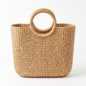 Highly realistic woven straw tote bag with rounded natural wooden handles, intricate braided fibers, subtle irregular weave and warm beige coloration