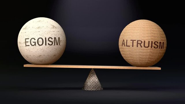 Egoism and Altruism in balance - balancing spheres on a scale symbolizing harmony, equity and equilibrium between egoism and altruism. Harmonious and beneficial situation. Made by human for humans