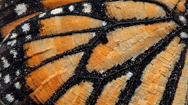 Monarch butterfly wing macro texture, orange and black insect wing scales, detailed nature pattern background