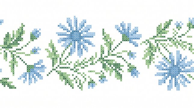 Cross stitch floral border with blue wildflowers and green leaves, pixel art embroidery pattern of meadow flowers, traditional needlework textile design for rustic home decor crafts.