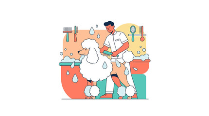 Fototapeta premium Professional Dog Grooming Illustration: Groomer Washing and Brushing White Poodle in Pet Salon