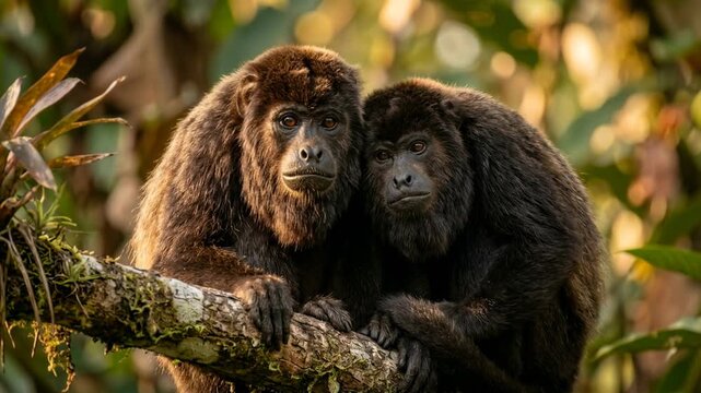two howler monkeys close up at morning light in costa rica rainforest video