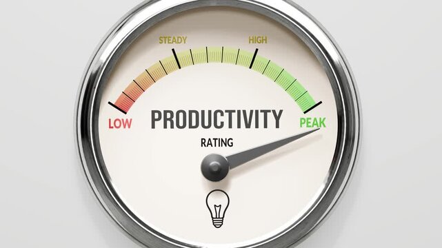 Productivity - productivity rating at maximum. High and rising values of productivity. Meter needle reaching peak levels. Productivity values off the charts. (No AI, made by humans for humans).