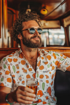 people of ai, party messy ravers at psychedelic rave with vegetables, portrait, white pineapple-print shirt and sunglasses, photorealistic