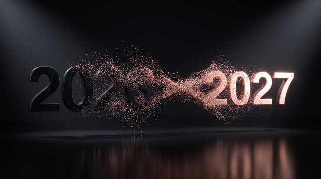 The numbers 2026 and 2027 connected by a swirling cloud of glowing copper particles in a dark studio setting, representing the bridge between two years and the concept of time moving forward now