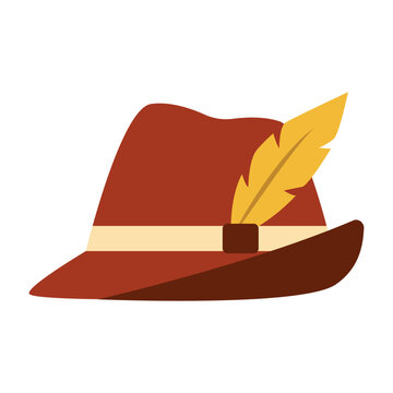A traditional brown Bavarian alpine hat featuring a decorative yellow feather for Oktoberfest celebrations.