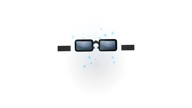 Futuristic smart glasses displaying digital computer code with blue glowing particles on white background.
