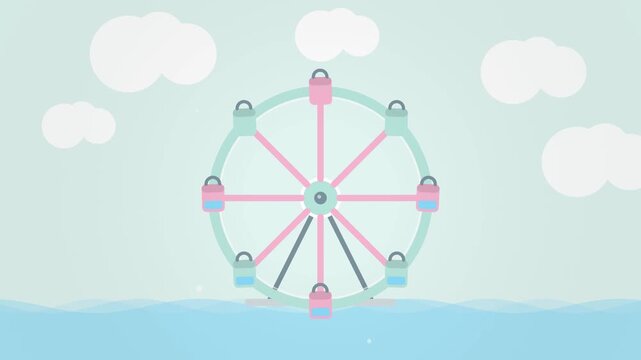 Pastel Playful Water Wheel Canvas Animation on Ocean with Clouds 16:9 60fps 4K Video Background