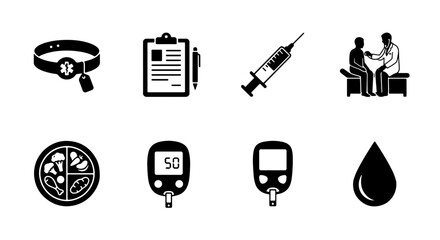 Fototapeta premium Diabetes Care Icons Set: Blood Glucose Meter, Syringe, Doctor Visit, Medical Chart, Food Plate, Blood Drop, Pet Health Collar 4k