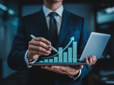 A Professional Businessman Using A Digital Stylus To Analyze Rising Financial Charts