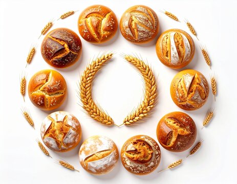 Artisan Bread Assortment: A curated selection of freshly baked artisan bread rolls arranged in a circular pattern, adorned with golden wheat stalks, evoking warmth and deliciousness.