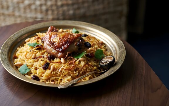 Authentic Arabian Roasted Chicken Leg over Basmati Rice Garnish with Raisins and Pine Nuts