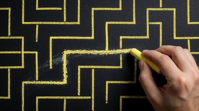 Hand draws straight yellow line through complex maze on blackboard. Person finds shortcut to solve puzzle quickly. Creative idea for simple solution, fast communication concept. Smart way to bypass