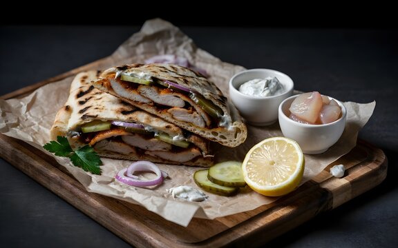 Delicious Fresh Chicken Shawarma Sandwich Cut Open on Parchment Paper and Board