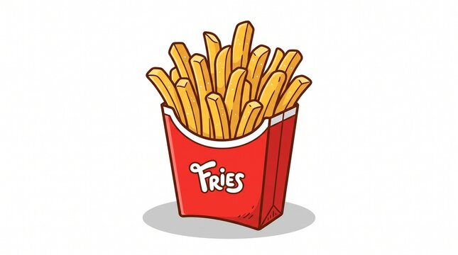 A vibrant cartoon vector illustration of crispy golden french fries served in a classic red carton, designed with a flat style for fast food branding and restaurant menu layouts.