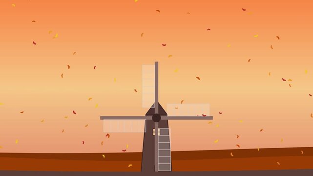 Golden Autumn Windmill Animation with Falling Leaves, 4K 60fps 16:9 Wide Canvas Background