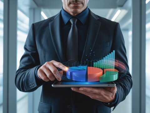A Professional Businessman Interacting With A Glowing Digital Business Data Analytics Chart