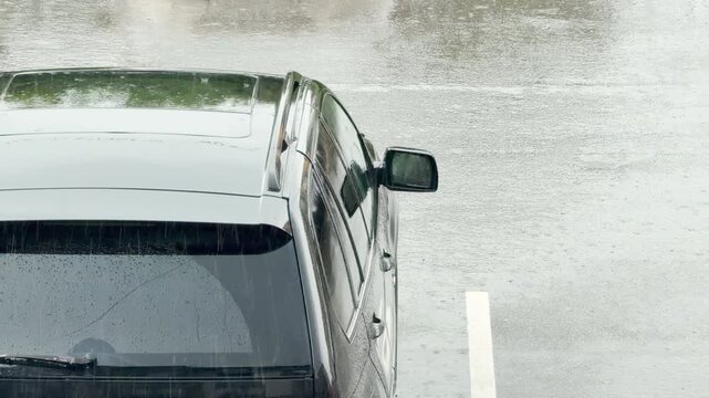 A dark car sits parked in heavy rain. Water splashes on the wet parking lot. This gloomy, dreary weather creates a lonely and melancholic mood.
