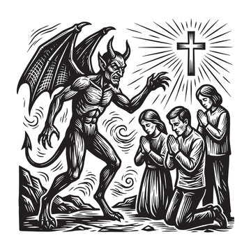 Dramatic Woodcut Relief Printmaking Style Illustration of a Demonic Devil Figure Threatening People Praying Under a Carved Engraved Holy Christian Cross