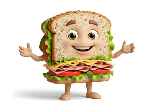 Friendly sandwich cartoon character with lettuce, tomato, and meat