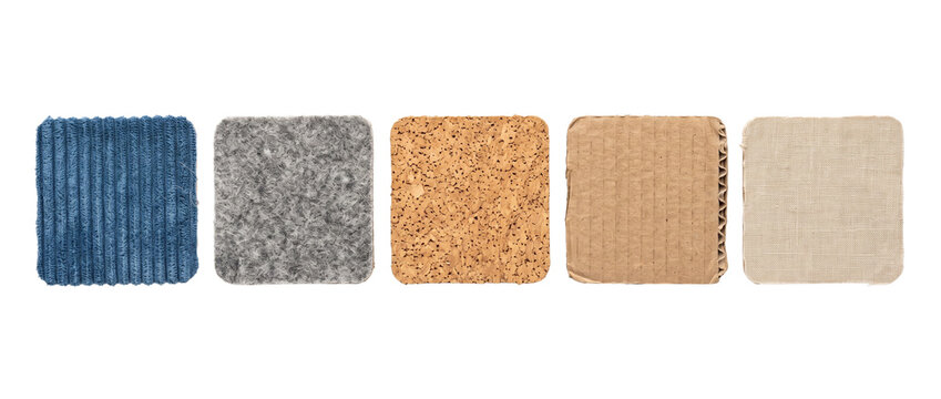 Fabric texture swatch material samples aligned on black background featuring corduroy, felt, cork, corrugated cardboard, and linen for interior design, tactile surface palette, and craft layout.