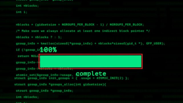 100% Complete Progress Bar Displayed Over C Code on alpha Screen