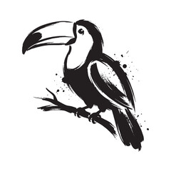 Fototapeta premium Minimalist Toucan Bird Perched on a Branch Hand Drawn Sumi-e Ink Wash Painting Style Graphic Illustration