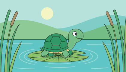 Fototapeta premium Cute green turtle sitting happily on a lily pad in a peaceful lake surrounded by reeds and hills at sunset.